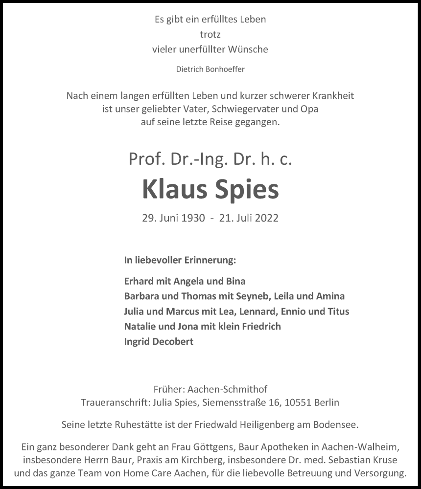  Traueranzeige für Klaus Spies vom 30.07.2022 aus Aachener Zeitung / Aachener Nachrichten