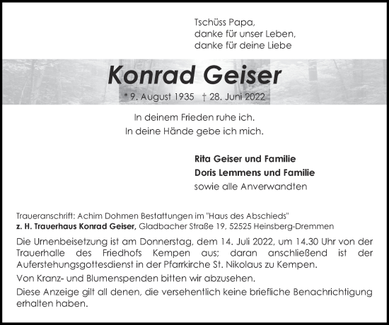 Traueranzeige von Konrad Geiser von Zeitung am Sonntag