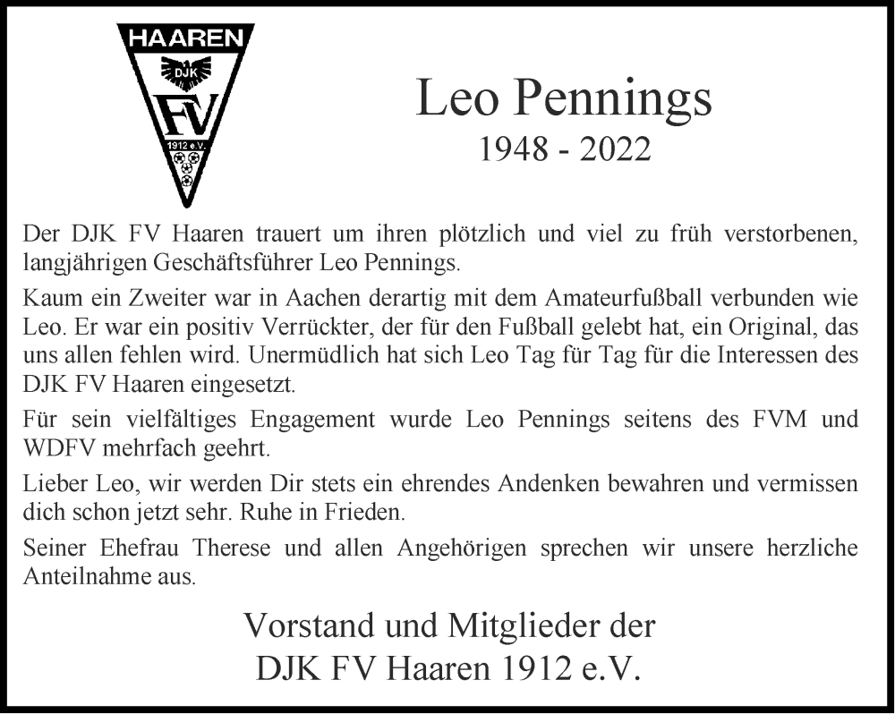  Traueranzeige für Leo Pennings vom 09.07.2022 aus Aachener Zeitung / Aachener Nachrichten