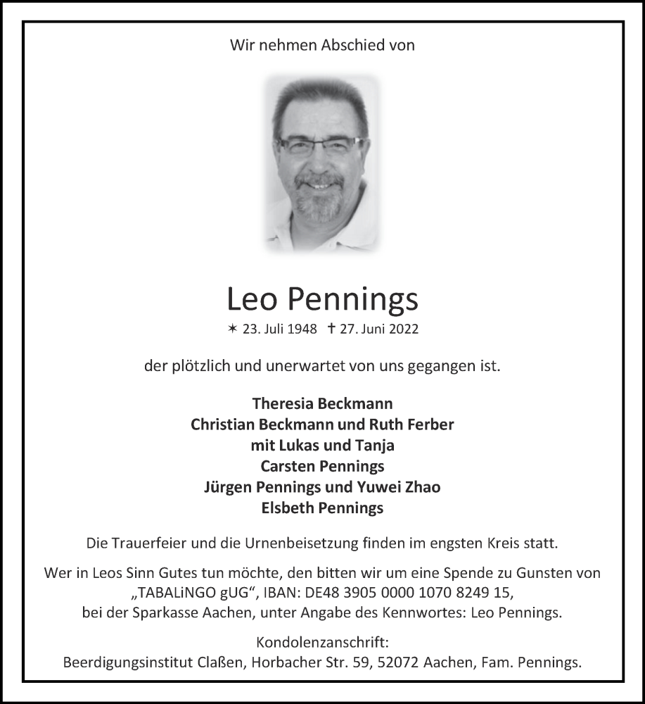 Traueranzeige für Leo Pennings vom 09.07.2022 aus Aachener Zeitung / Aachener Nachrichten