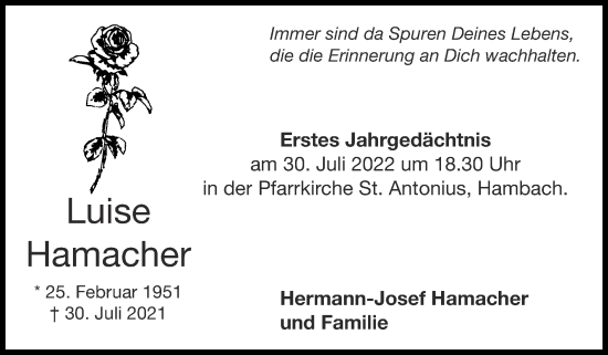 Traueranzeige von Luise Hamacher von Zeitung am Sonntag