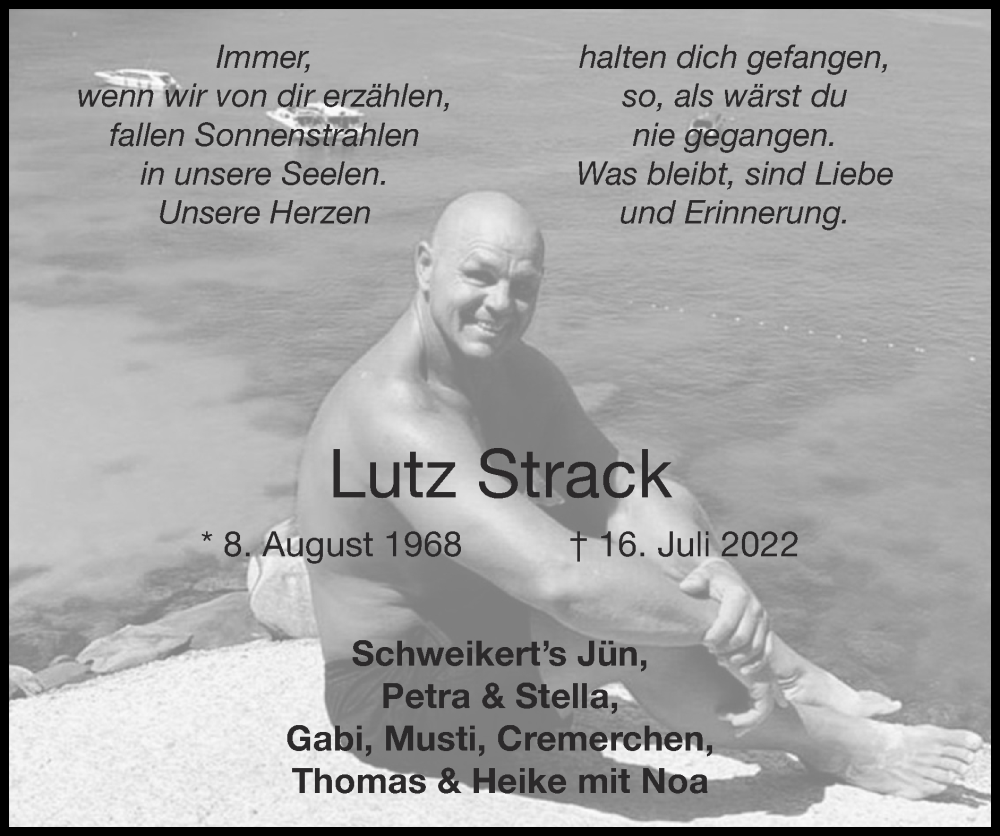  Traueranzeige für Lutz Strack vom 24.07.2022 aus Zeitung am Sonntag
