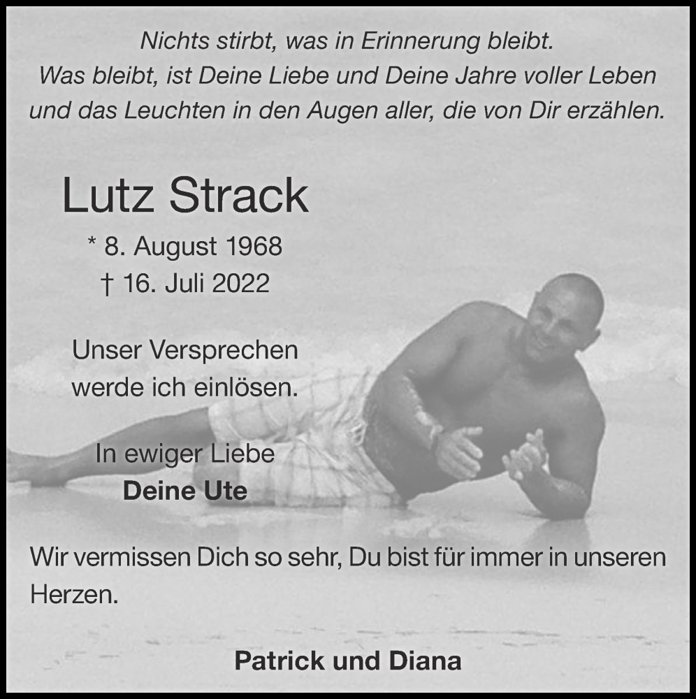  Traueranzeige für Lutz Strack vom 31.07.2022 aus Zeitung am Sonntag