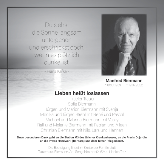 Traueranzeige von Manfred Biermann von Zeitung am Sonntag