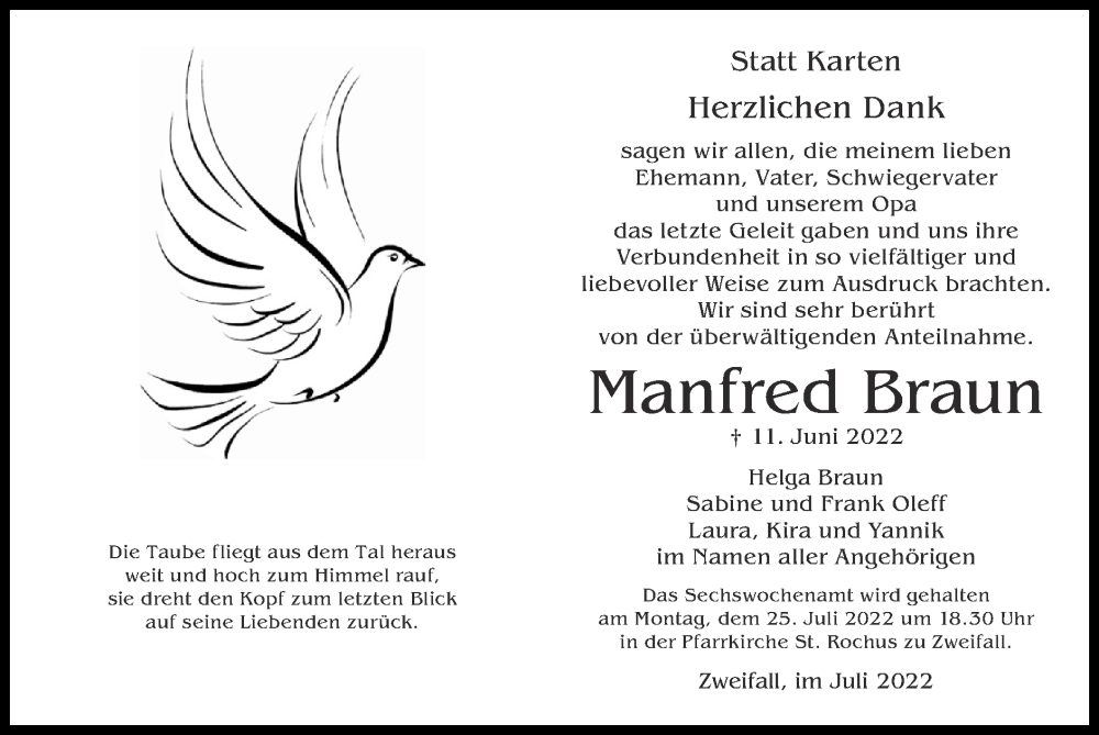  Traueranzeige für Manfred Braun vom 17.07.2022 aus Zeitung am Sonntag