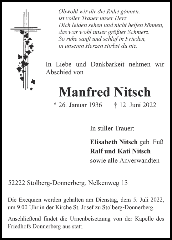 Traueranzeige von Manfred Nitsch von Zeitung am Sonntag