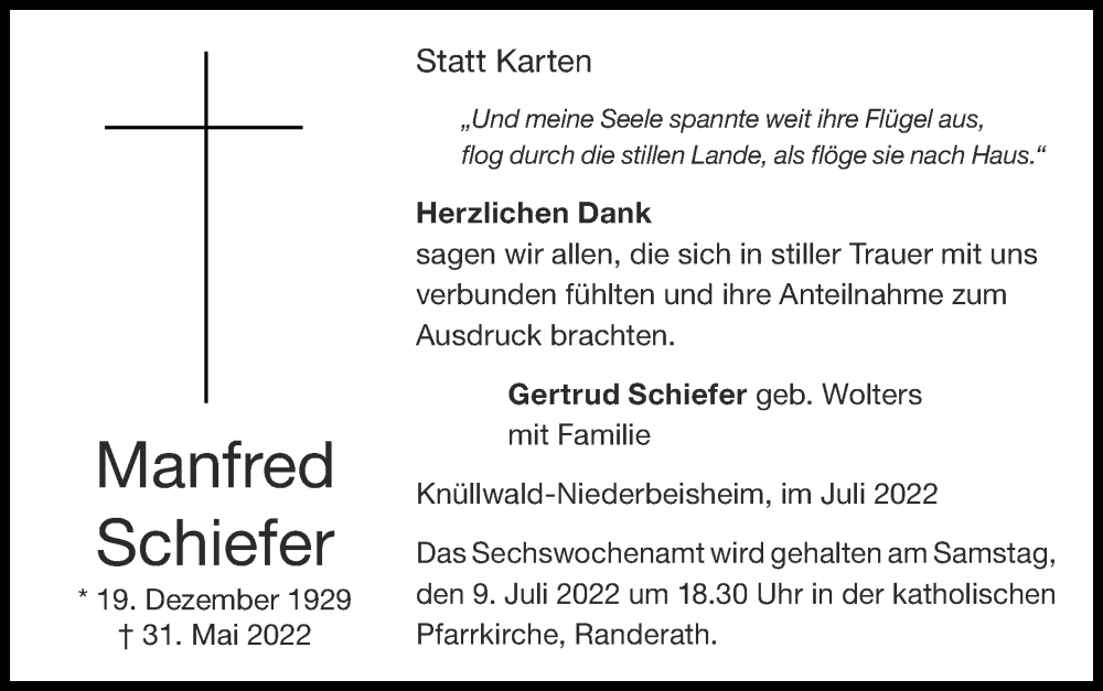  Traueranzeige für Manfred Schiefer vom 03.07.2022 aus Zeitung am Sonntag