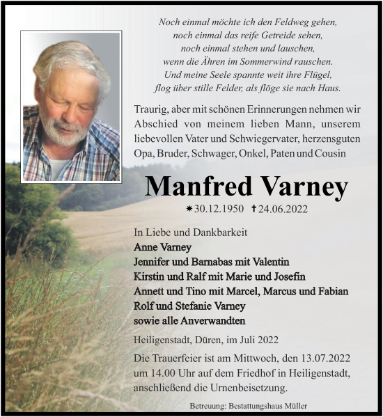 Traueranzeige von Manfred Varney von Aachener Zeitung / Aachener Nachrichten
