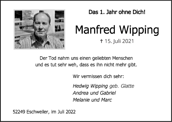 Traueranzeige von Manfred Wipping von Zeitung am Sonntag