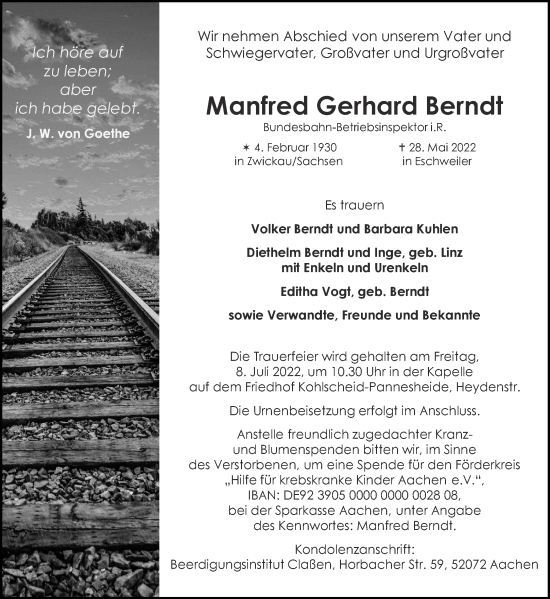 Traueranzeige von Manfred Gerhard Berndt von Aachener Zeitung / Aachener Nachrichten