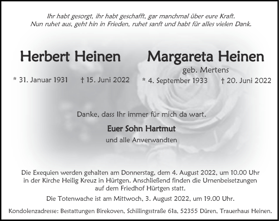 Traueranzeige von Margareta Heinen von Zeitung am Sonntag