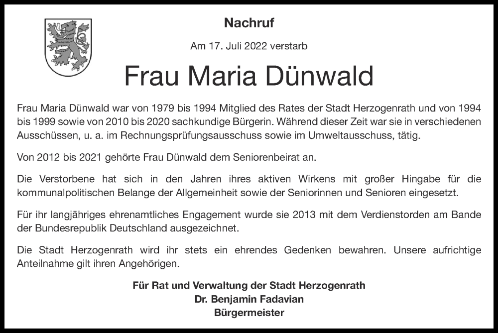  Traueranzeige für Maria Dünwald vom 31.07.2022 aus Zeitung am Sonntag