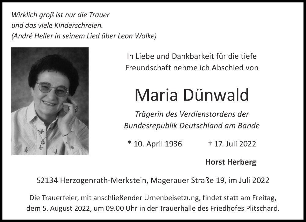  Traueranzeige für Maria Dünwald vom 27.07.2022 aus Aachener Zeitung / Aachener Nachrichten