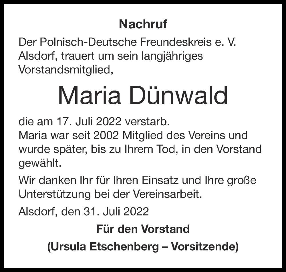  Traueranzeige für Maria Dünwald vom 31.07.2022 aus Zeitung am Sonntag