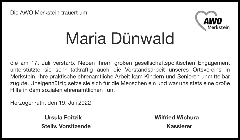  Traueranzeige für Maria Dünwald vom 24.07.2022 aus Zeitung am Sonntag