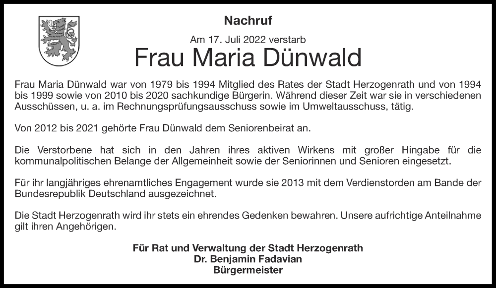  Traueranzeige für Maria Dünwald vom 30.07.2022 aus Aachener Zeitung / Aachener Nachrichten