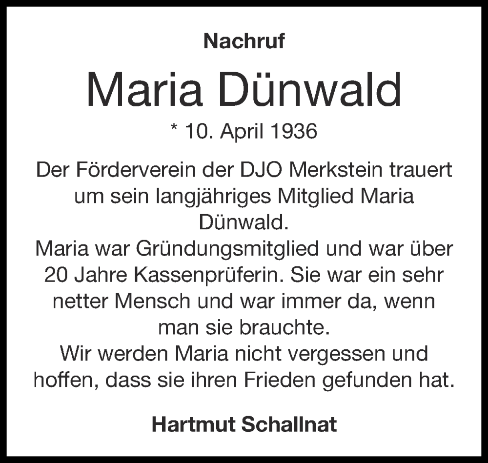  Traueranzeige für Maria Dünwald vom 24.07.2022 aus Zeitung am Sonntag