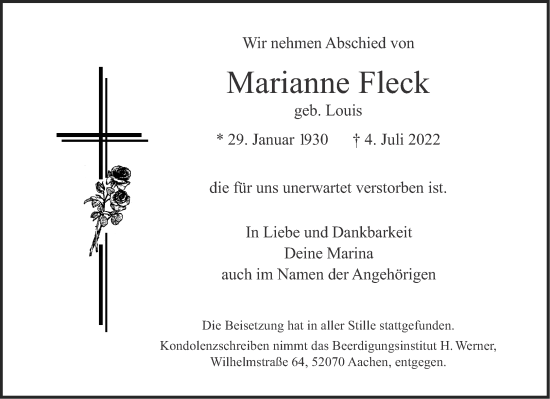 Traueranzeige von Marianne Fleck von Aachener Zeitung / Aachener Nachrichten