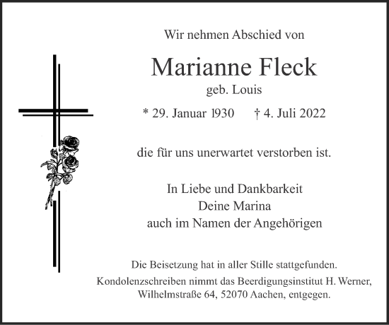 Traueranzeige von Marianne Fleck von Zeitung am Sonntag