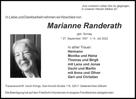 Traueranzeige von Marianne Randerath von Aachener Zeitung / Aachener Nachrichten