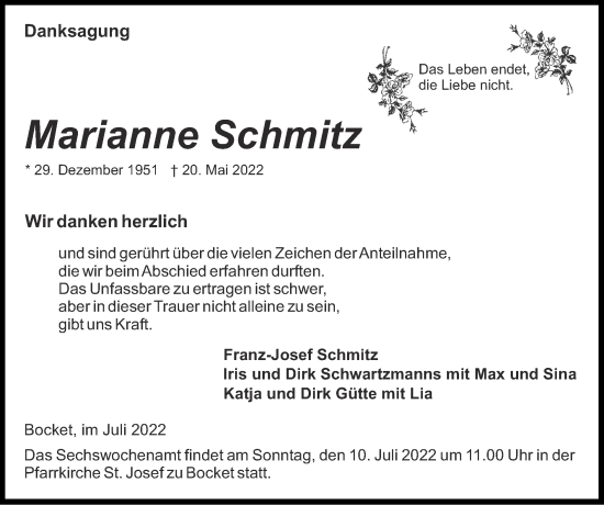 Traueranzeige von Marianne Schmitz von Zeitung am Sonntag