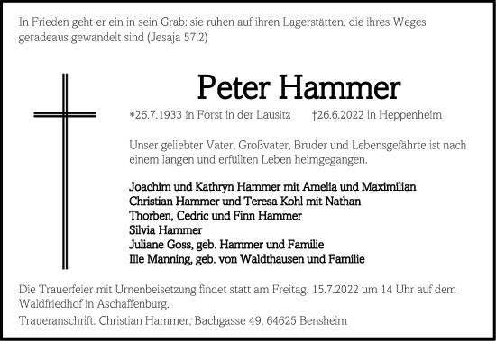 Traueranzeige von Peter Hammer von Aachener Zeitung / Aachener Nachrichten