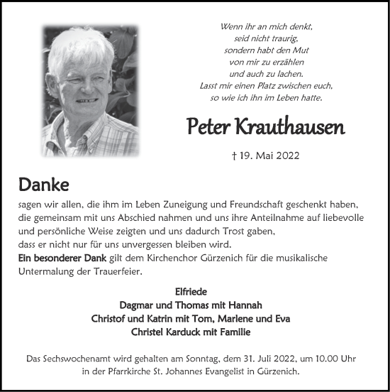 Traueranzeige von Peter Krauthausen von Zeitung am Sonntag