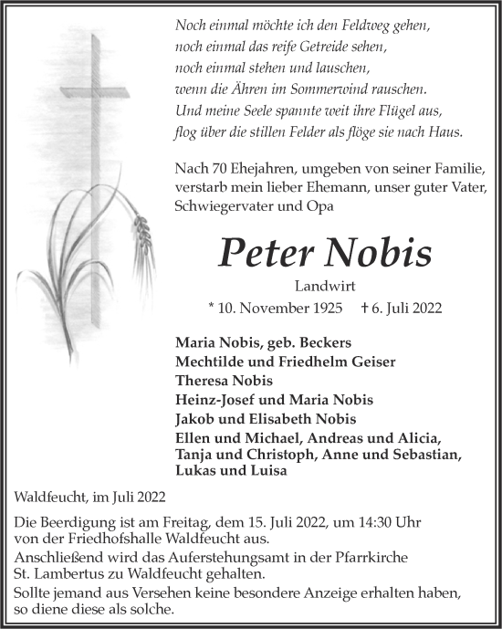 Traueranzeige von Peter Nobis von Zeitung am Sonntag