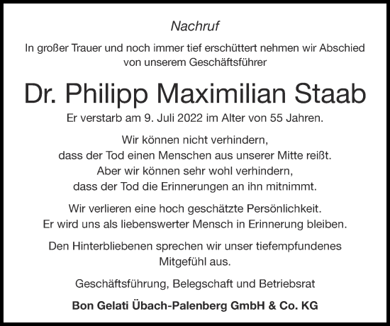 Traueranzeige von Philipp Maximilian Staab von Zeitung am Sonntag