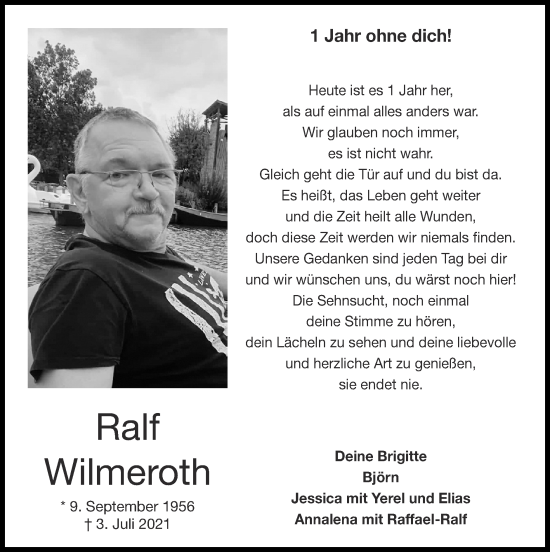 Traueranzeige von Ralf Wilmeroth von Zeitung am Sonntag