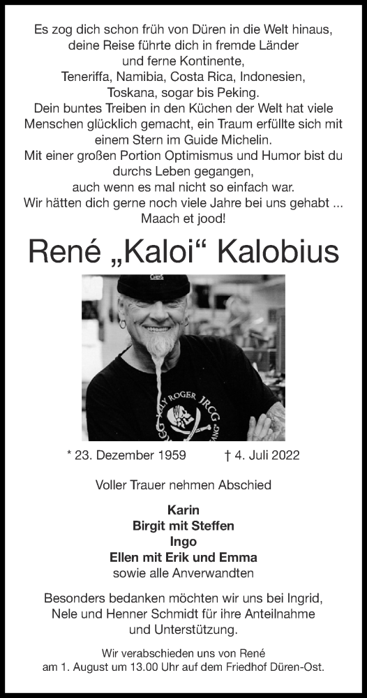  Traueranzeige für Rene Kalobius vom 24.07.2022 aus Zeitung am Sonntag