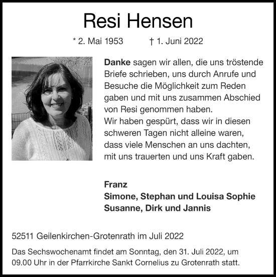 Traueranzeige von Resi Hensen von Zeitung am Sonntag