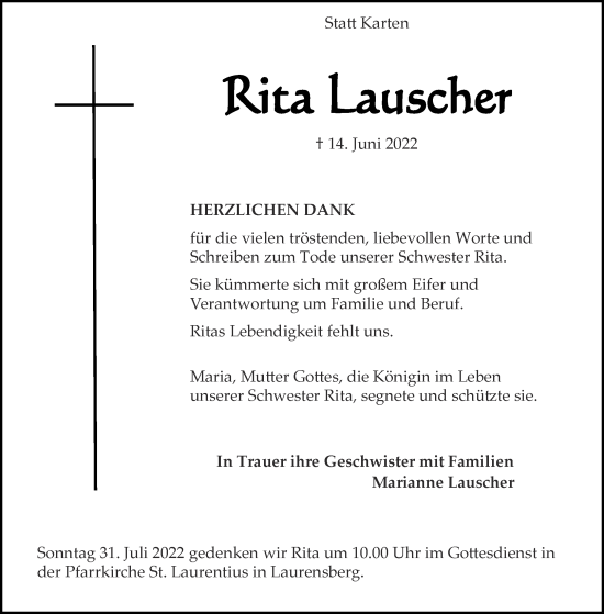 Traueranzeige von Rita Lauscher von Aachener Zeitung / Aachener Nachrichten