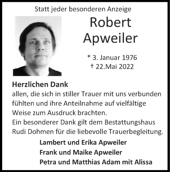 Traueranzeige von Robert Apweiler von Zeitung am Sonntag