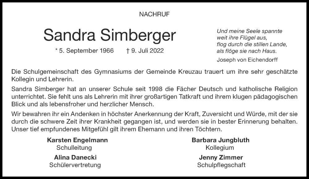 Traueranzeige für Sandra Simberger vom 30.07.2022 aus Aachener Zeitung / Aachener Nachrichten