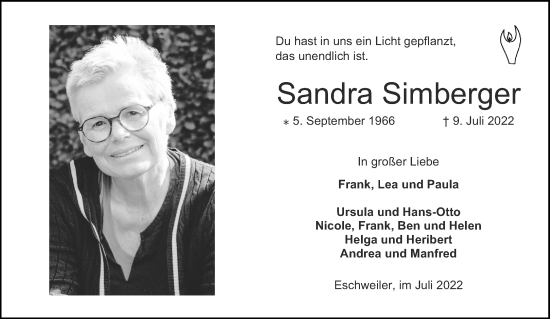 Traueranzeige von Sandra Simberger von Aachener Zeitung / Aachener Nachrichten