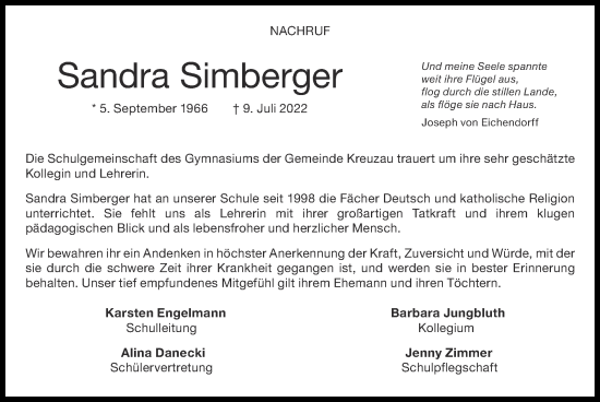Traueranzeige von Sandra Simberger von Zeitung am Sonntag