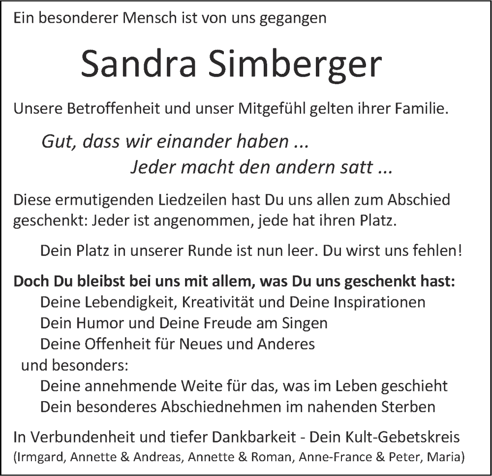  Traueranzeige für Sandra Simberger vom 23.07.2022 aus Aachener Zeitung / Aachener Nachrichten