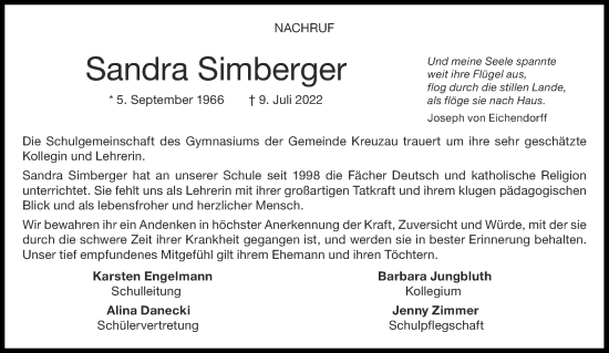 Traueranzeige von Sandra Simberger von Aachener Zeitung / Aachener Nachrichten