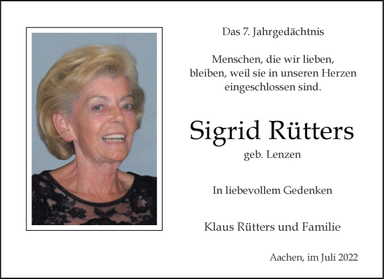 Traueranzeige von Sigrid Rütters von Aachener Zeitung / Aachener Nachrichten