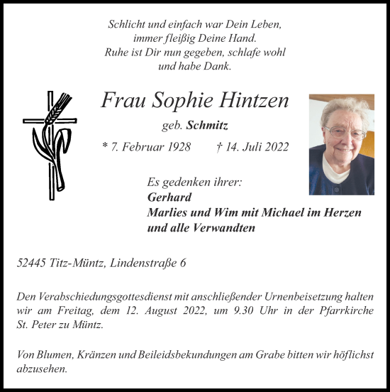 Traueranzeige von Sophie Hintzen von Zeitung am Sonntag