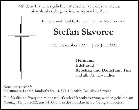 Traueranzeige von Stefan Skvorec von Zeitung am Sonntag