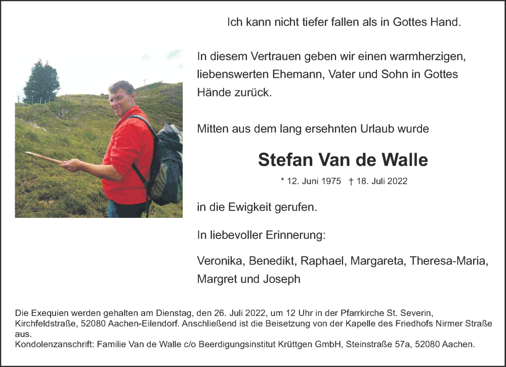  Traueranzeige für Stefan Van de Walle vom 23.07.2022 aus Aachener Zeitung / Aachener Nachrichten