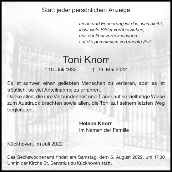 Traueranzeige von Toni Knorr von Zeitung am Sonntag