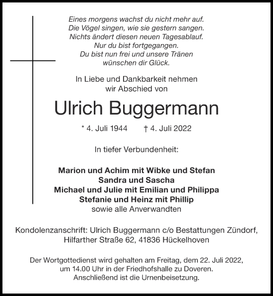 Traueranzeige von Ulrich Buggermann von Zeitung am Sonntag