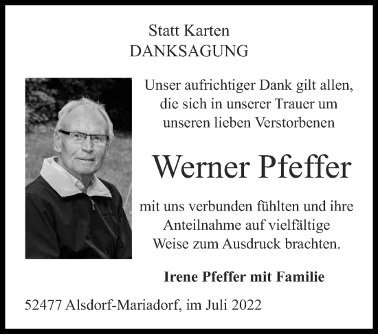 Traueranzeige von Werner Pfeffer von Zeitung am Sonntag