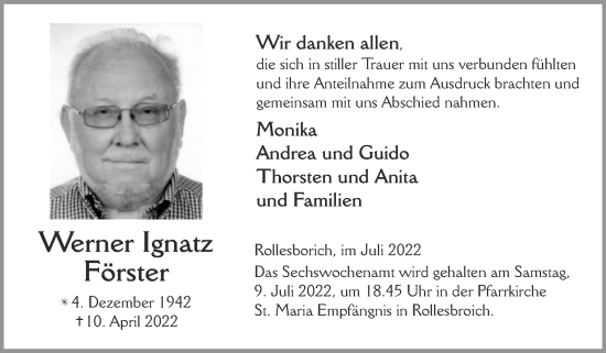 Traueranzeige von Werner Ignatz Förster von Zeitung am Sonntag