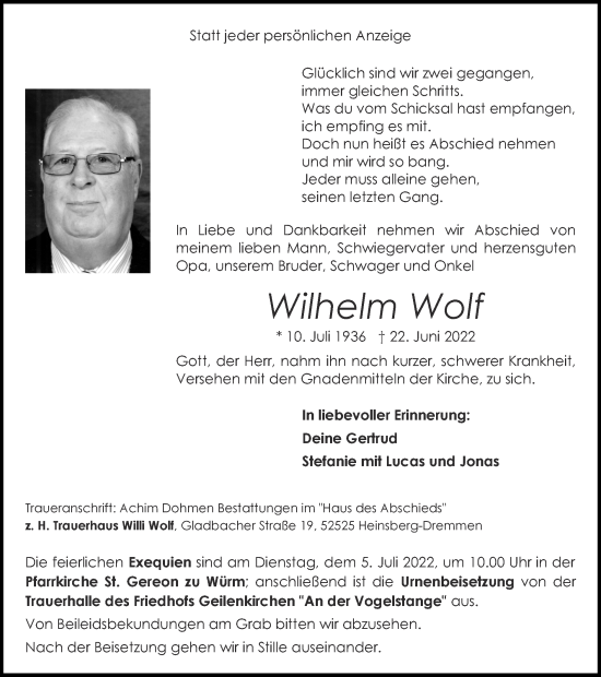 Traueranzeige von Wilhelm Wolf von Zeitung am Sonntag