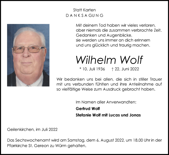 Traueranzeige von Wilhelm Wolf von Zeitung am Sonntag
