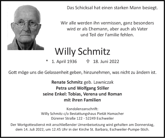 Traueranzeige von Willy Schmitz von Zeitung am Sonntag